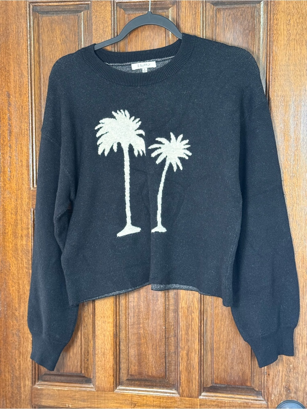 Z Supply Black Crewneck Sweater with Cream Palm Tree Graphic